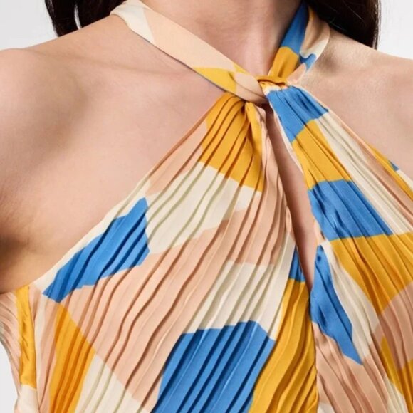 NWT Amour Vert Pleat Recycled Sateen Dress in Sonia Indigo Blue Multi - M - Picture 2 of 9